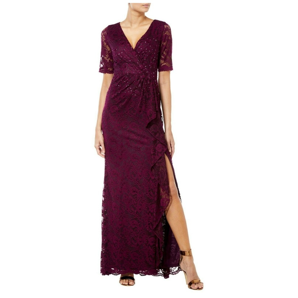 Adrianna Papell Embellished Lace Gown Rich Raisin